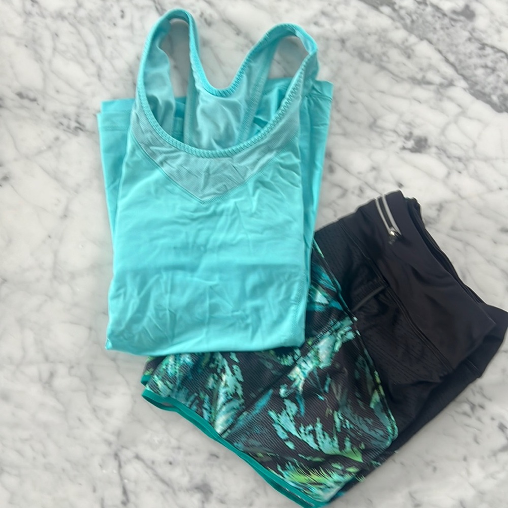 Lululemon built in bra top with Athleta Running Shorts